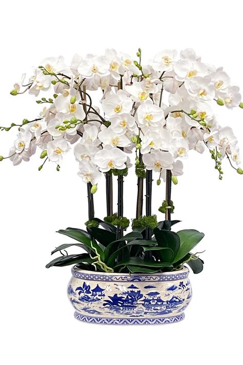 Orchid Flower Arrangements, Tissue Paper Flowers Diy, Rose Trellis, Porcelain Planter, Blue Chinoiserie, Faux Floral Arrangement, Orchid Arrangements, Phalaenopsis Orchid, Decorated Jars