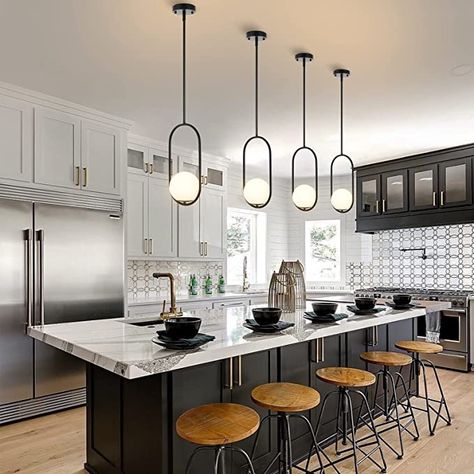 Chandelier Lighting Dining Room, L Box Ceiling Living Rooms, Pendant Lights Over Black Kitchen Island, Pendants For Kitchen Island, Industrial Pendant Lighting Over Island, Kitchen Island Lights Ideas, Hanging Lights For Kitchen, Mid Century Island Lighting, Black Kitchen Chandelier