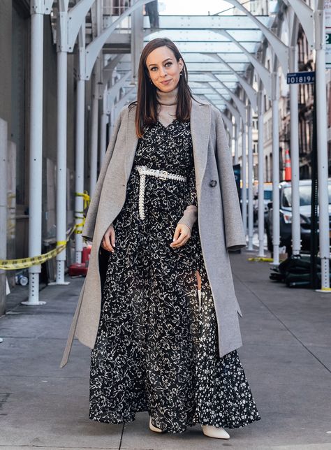 Sydne Style shows how to wear a maxi dress in winter with turtleneck and boots #maxidress #dress #florals #coats #fashionweek #streetstyle @sydnesummer Maxi Dress With Coat, Layering Dress Outfit, Maxi Dress In Winter, Layering A Dress, Dress In Winter, What Shoes To Wear, Winter Maxi, Winter Styling, Style Hacks