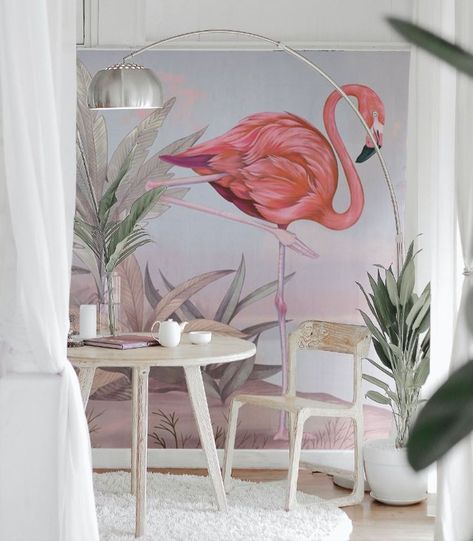 pink, blue, green, boho interior, grey, animal print, living room Flamingo Bedroom, Pink Flamingo Wallpaper, Flamingo Wallpaper, Printed Wallpaper, Tropical Wallpaper, Peel And Stick Vinyl, Peel Stick Wallpaper, Paper Wallpaper, Background Vintage