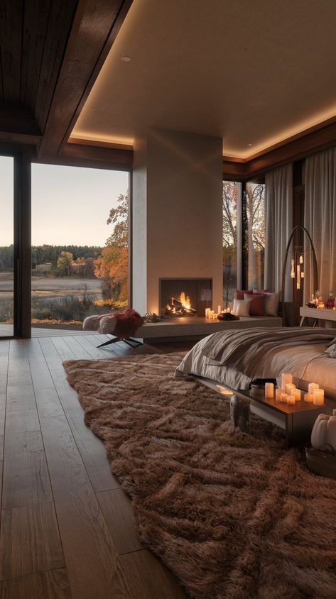 This cozy modern bedroom combines warmth and breathtaking landscape views for the perfect autumn retreat! Enjoy the crackling fireplace while the vibrant fall scenery inspires your decor choices. Create your own peaceful haven this season! 🍁🌳 Modern Cozy Cabin, Mountain Home Bedroom, Cozy Modern Bedroom, Fall Scenery, Bedroom Vibes, Autumn Scenery, Mountain Home, Master Bedrooms Decor, Cozy Cabin