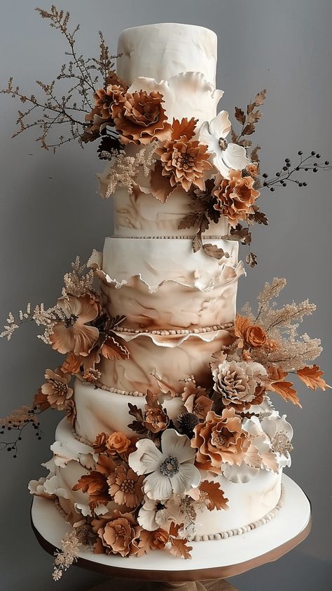 40+ Fall Wedding Ideas That Will Inspire You (Cake, Aisle, Table, Ceremony Decor, And More!) Fairytale Wedding Cakes, Fall Theme Wedding Cake, Fall Wedding Food Ideas, Fall Wedding Cake Ideas, Fall Themed Wedding Cakes, Halloween Wedding Cake, Autumn Wedding Cake, Autumn Core, Fancy Wedding Cakes