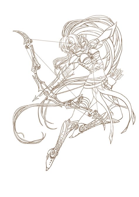 Steampunk archer on Behance Anime Bow Pose, Man Holding Bow And Arrow Drawing Reference, Bow Pose Reference Drawing, Person With Bow And Arrow Reference, Archer Drawing Reference, Archer Poses Drawing, Steampunk Drawing Characters, Female Archer Tattoo, Steampunk Archer