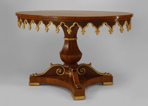 English Regency style oval mahogany and gilt trimmed pedestal base center table with Gothic design and scalloped apron (19th Cent) Foyer Table Diy, Round Foyer Table, Rustic Foyer, Traditional Foyer, Regency Table, Small Foyer, Foyer Table, Antique Silverware, Foyer Decorating