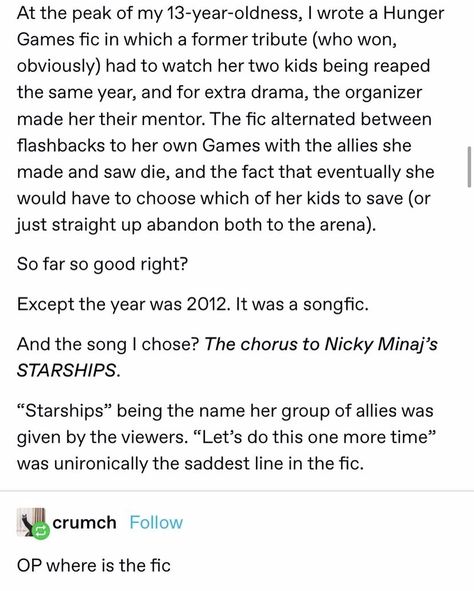 Fanfiction Humor, Fanfiction Tumblr, The Hunger Games Tumblr, Fanfiction Funny, Ao3 Fanfiction Funny, Hunger Games Tumblr, Hunger Games Fanfiction, Hunger Games Incorrect Quotes, Hunger Games Tumblr Funny