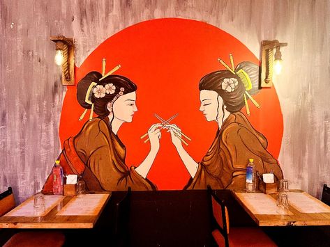 Chinese Restaurant Wall Art, Chinese Cafe, Simple Dining Chairs, Cafe Wall Art, Korean Restaurant, Asian Restaurants, Cafe Wall, Header Photo, Illustration Wall Art