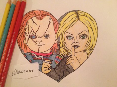 Chucky and Tiffany art; colored pencil Chucky And Tiffany Painting, Tiffany Drawing Chucky, Chucky And Tiffany Drawing, Tiffany Drawing, Chucky Painting, Chucky And His Bride, Chucky Drawing, Bride Drawing, Chucky And Tiffany