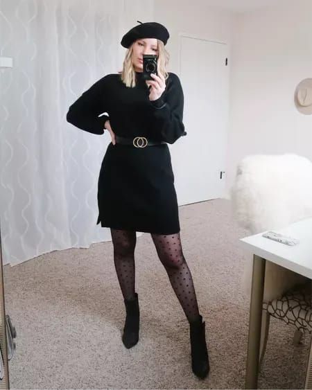 Chic fall outfit idea! Wearing a black sweater dress, black beret, polka dot tights, waist belt, and black booties. I think this outfit would pair well with combat boots for a more casual look 🖤 #falloutfits #sweaterdress #beret #chicoutfits #allblackoutfit Tap to shop this look on the LTK app. Shared via http://liketk.it/3bXEx Chic Spring Style, Winter Fashion Looks, Spring Fashion Chic, Chic Winter Style, Black Beret, Polka Dot Tights, Beret Cap, Sweater Dress Black, Chic Winter Outfits