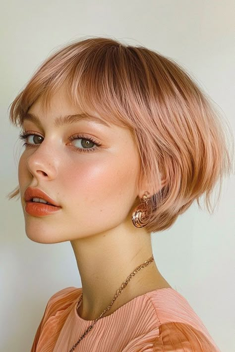 Super Short Curtain Bangs, Pink Hair Ideas Short, "bixie" With Bangs, Short Center Part Hair, Styling A Growing Out Pixie Cut, Peach Bob Hair, Short Hair Fine Straight, Grown Out Pixie Styles, Growing Out A Pixie Hairstyles