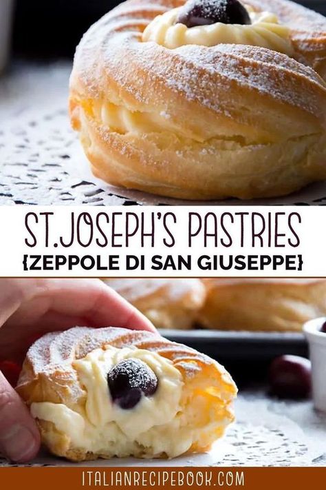 Jan 6, 2023 - St. Josephs Day Pastries or Zeppole are delicious pastries from Southern Italy. Filled with delicious, delicate and velvety cream they are simply devine! Easter Pastries Ideas, Zeppoli Recipe, Zeppole Recipe, St Josephs Day, Sicilian Food, Italian Easter, Cream Puff Recipe, Italian Cookie Recipes, Italian Bakery