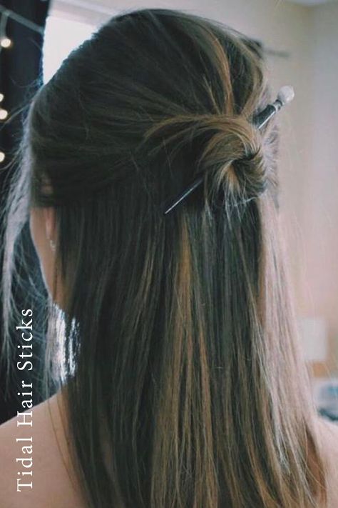 Hair Sticks Aesthetic, Hairstyles With Hair Sticks, Chop Stick Hairstyles, Hairsticks Hairstyles, Hair Chopsticks Hairstyles, Chopsticks In Hair, Hair Stick Styles Tutorials, Hairpin Styles, Hair Stick Hairstyles