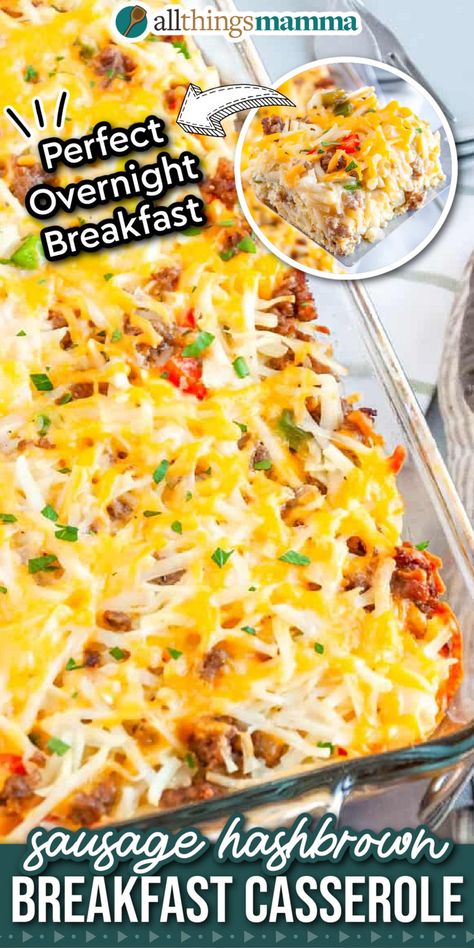 graphic image of Sausage Hashbrown Breakfast Casserole. Easy Breakfast Casserole With Hashbrowns Sausage, Overnight Breakfast Casserole With Hashbrowns, Egg Bake With Hashbrowns, Hashbrown Casserole Breakfast, Breakfast Casserole Overnight, Sausage Hashbrown Casserole, Sausage Hashbrown Breakfast, Sausage Hashbrown Breakfast Casserole, Hashbrown Breakfast