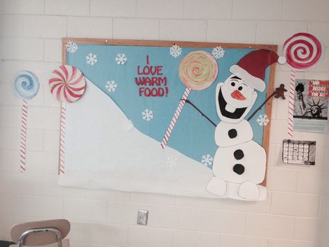 Olaf's Christmas. Cafeteria bulletin board. Christmas Decorations For School, Olaf Bulletin Board, Cafeteria Decorations, School Cafeteria Decorations, Cafeteria Bulletin Boards, Decorations For School, Lunch Board, Soft Board Decoration, Kitchen Boards