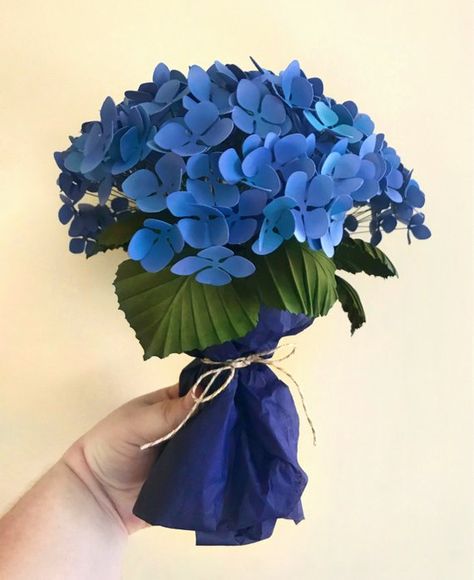 Blue Hydrangea Bouquet, Crepe Flowers, Paper Cutout Art, Paper Blue, Hydrangea Bouquet, Paper Bouquet, Paper Flower Bouquet, Blue Bouquet, Gorgeous Flowers