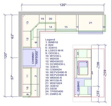 10x10 Kitchen Cabinet Package - L Shaped w/ Island Kitchen Design 10x10 Kitchen Layout, L Shaped Kitchen With Island Layout, Kitchen Plans Layout, Kitchen Layout Design, Kitchens 2024, Kitchen With Island Layout, L Shape Kitchen Layout, Plywood Shelving, Blue Shaker Cabinets