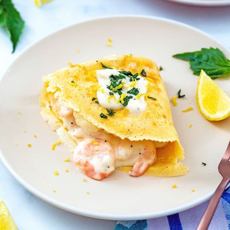 Shrimp Crepes Recipe - We are not Martha Seafood Crepes Recipe, Shrimp Crepes, Recipes For Shrimp, Crepe Sale, Dinner Crepes, Crepe Recipe Savory, Stuffed Crepes, Homemade Crepes, Easy Crepe Recipe