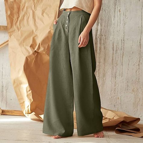 Fashion Trousers Women, Plus Size Summer Casual, Button Pants, High Waist Wide Leg Pants, Loose Trousers, Checkered Dress, Cooler Look, Wide Leg Linen Pants, Weave Style