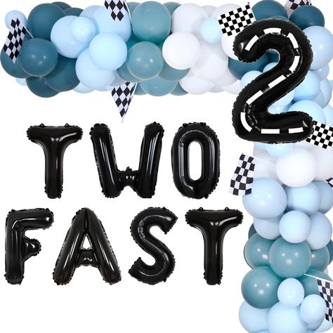 PRICES MAY VARY. Two Fast Birthday Decorations: 2 two fast birthday decorations includes 35pcs 12 inches latex balloons, 20pcs 10 inches latex balloons, 10pcs 5 inches latex balloons, 16 inches TWO FAST foil balloon(No Helium Supported), 32 inches number 2 foil balloon(No Helium Supported), 5pcs racing flag, 1 roll of balloon tape strip, 1 roll of adhesive dot, 2 rolls of white ribbon. Retro Blue Race Car Balloon Garland Kit: Specially design for boy 2nd racing car birthday party. We support var Two Fast Birthday Party Decorations, Two Year Old Monster Truck Birthday Party, Birthday Party For 2 Year Boy, Cars 2nd Birthday Party, Two Year Old Birthday Party Boy, Car Balloon Garland, Two Fast Birthday Party Boy, 2nd Birthday Boy Themes, 2 Fast Birthday Party