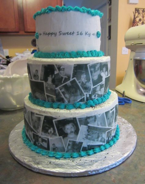 Sweet 16 Photo collage cake Sweet 16 Cake Ideas 2 Tier, Collage Cake Ideas, Angel Wings Cake, 3 Tier Birthday Cake, Sweet 16 Photo, Photo Cakes, Sweet 16 Cake, Steampunk Party, Sweet 16 Photos