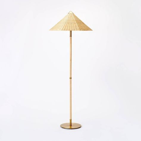 Floor Lamp Gold, Mcgee Target, Rattan Floor Lamp, Ikea Billy Bookcase Hack, Studio Mcgee Target, Armchair Sofa, Rattan Shades, Lamp Gold, Gold Floor Lamp