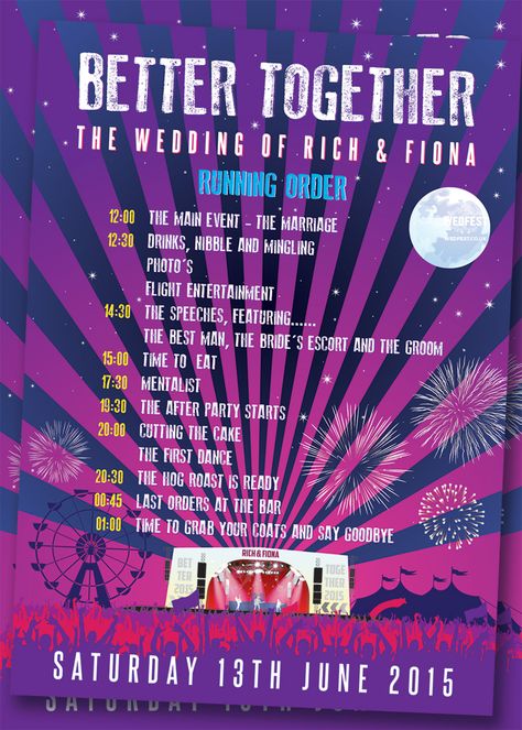 wedding running order poster http://www.wedfest.co/better-together-festival-wedding/ Wedding Festival Invitation, Wedfest Invitations, Festival Wedding Invitations, Wedding Running, Festival Program, Running Poster, Music Festival Wedding, Running Posters, Festival Themed Wedding