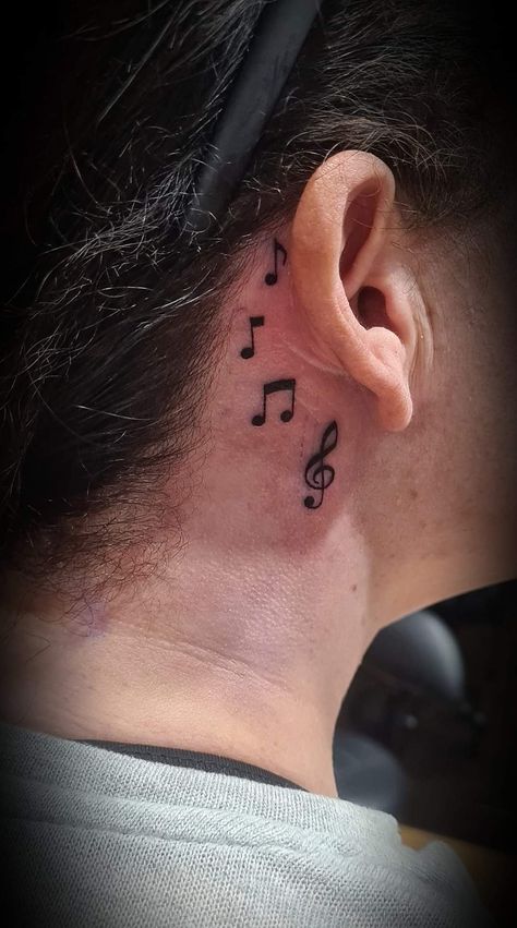 Behind the ear tattoo of music notes with a treble clef. Music Notes Tattoo Behind Ear, Tattoo Of Music, Music Note Tattoo Behind Ear, Notes Tattoo, Haikyuu Ushijima, Tatto Boys, Behind The Ear Tattoo, Behind Ear Tattoos, Music Notes Tattoo