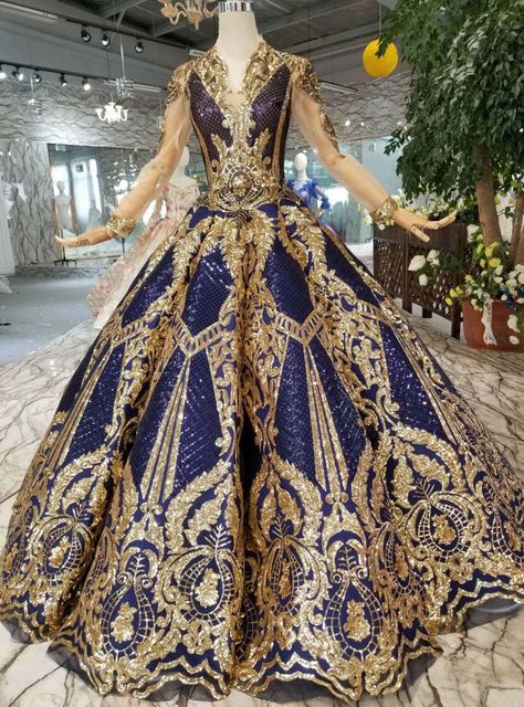 Blue And Gold Prom Dress, Gold Prom Dress, Skirt Diy, Gold Prom, Floor Length Wedding Dress, Blue Ball Gowns, 파티 드레스, Lace Ball Gowns, Fantasy Gowns