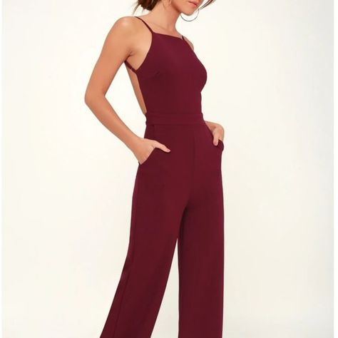 Purchase As Never Worn & Only Wore It Once For A Bridal Shower! Jumpsuit Outfit Summer, Black Jumpsuit Outfit, Maroon Jumpsuits, Burgundy Jumpsuit, Wedding Bridesmaids Dresses Blue, Lulu Pants, Trendy Jumpsuit, Rompers Dressy, Backless Jumpsuit