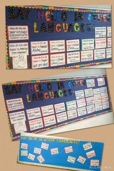 "Say Hello in Different Languages" bulletin board for Multicultural Week. Hello In Different Languages Bulletin Board, Eal Display Boards, Language Bulletin Boards, Esl Bulletin Board Ideas, Geography Bulletin Board, Multicultural Bulletin Board, Say Hello In Different Languages, Hello In Many Languages, Literacy Bulletin Boards