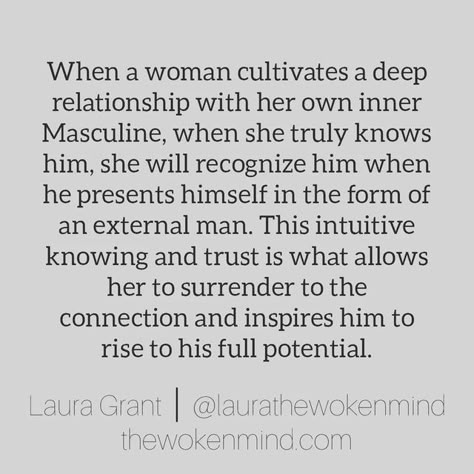 Laura Grant, M.Ed. on Instagram: "When we truly know ourselves we are able to choose a partner who makes us feel safe but also encourages us to reach our full potential. The woman is the representation of the man's inner Feminine, his spiritual frequency. The man is the representation of the woman's inner Masculine, her physical world protector. __________________ #divinfeminine #divinemasculine #masculineenergy #feminineenergy #masculine #feminine #masculinity #femininty #relationships #cons Twin Flame Love Quotes, Divine Feminine Spirituality, Masculine Feminine, Divine Connections, Masculine Energy, Soul Healing, Goddess Energy, Feel Safe, Spiritual Guidance