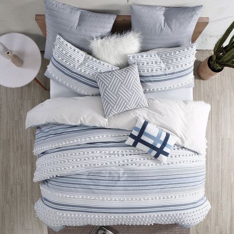 Mix up a traditional bedroom with the Anahita Comforter Set from Swift Home. The classic colored stripes design is renewed with fun pom-pom details, lending your bedding a playful twist. Cotton Comforter Set, Coastal Bedding, Coastal Room, Bedding Comforter, Master Bed, Coastal Bedroom, Cotton Comforters, Traditional Bedroom, Queen Comforter Sets