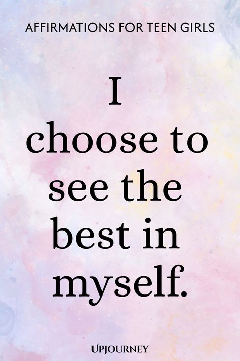 Explore over 130 empowering daily affirmations specifically curated for teen girls. Encourage positivity, self-love, and confidence with these powerful statements. Incorporate these affirmations into your daily routine to boost self-esteem and inspire a mindset of growth and resilience. Perfect for teenagers looking to cultivate a more positive outlook on life. Embrace the power of affirmation today! Teen Affirmation Quotes, Female Affirmation Quotes, Positive Self Affirmations For Teens, Quotes For Girls Confidence, Affirmations For Teen Girls, Quotes For Teens Girls, Positive Quotes For Teens, Weekly Quotes