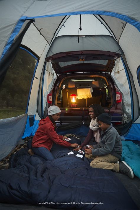 Back Of Car Camping, Honda Pilot Camping Conversion, Honda Pilot Car Camping, Family Car Camping, Car Tents For Camping, Honda Pilot Camper Conversion, Honda Pilot Camping, Honda Crv Camping, Honda Pilot Accessories