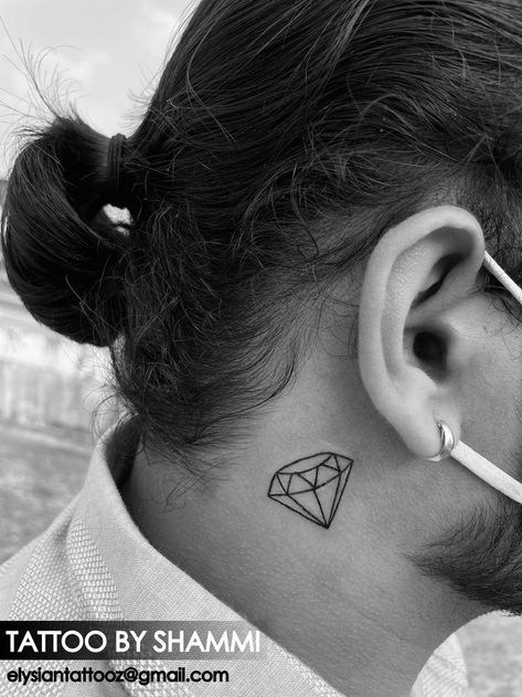 Diamond Ear Tattoo, Diamond Neck Tattoo, Diamond Tattoo Behind Ear, Mens Neck Tattoos Ideas, Diamond Tattoo Men, Simple Neck Tattoos, Point Tattoo, Small Diamond Tattoo, Diamond Tattoo Designs