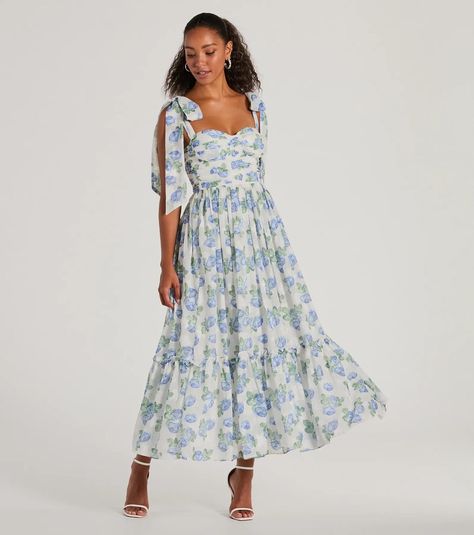 Dresses for Parties, HOCO, Weddings, Formals, & Every Day | Windsor Formal Garden Party Attire, Light Blue Floral Dress, Homecoming Dresses Bodycon, Midi Wedding Guest Dress, Midi Formal Dress, Blue Floral Dresses, Soft Dresses, Dress Satin Bridesmaid, Bridesmaid Dresses Satin