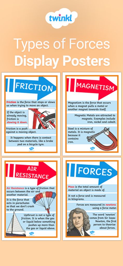 Explore types of forces with these easy to reference display posters. Great for enhancing your classroom, for general display, as discussion prompts, and for displaying information. Sign up to Twinkl to download this resource.   #forces #friction #gravity #magnetism #science #motion #scienceteacher #education #teaching #teacher #homeeducation #display #displayposters #twinkl #twinklresources Types Of Forces, Gravity Science, Science Symbols, Rock Science, Human Body Science, Science Teacher Shirt, Learn Physics, Discussion Prompts, Science Puns