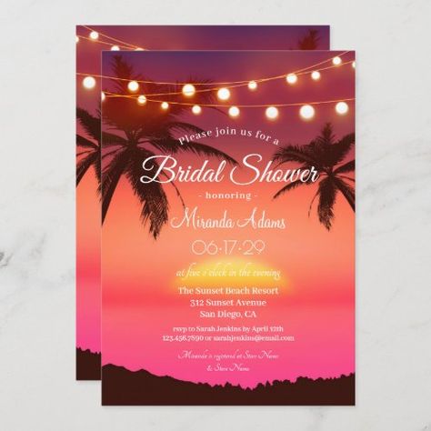 Bridal Shower Tropical, Unique String Lights, Sea Gender, Sunset Theme, Beach Bridal Shower Invitations, Tropical Bridal Shower Invitations, Beach Party Invitations, Sunset Party, Beach Bridal Showers