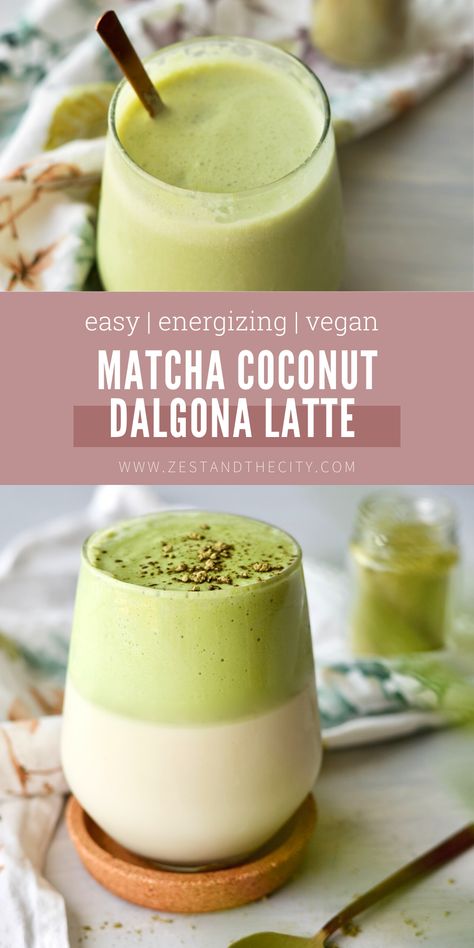 Food photography of a Matcha Coconut Dalgona Latte Matcha Dalgona Latte, Vegan Matcha Recipes, Coconut Matcha Latte, Matcha Coffee Latte, Spring Coffee Drinks, Barista Drinks, Matcha Drink Recipes, Coconut Matcha, Vegan Latte