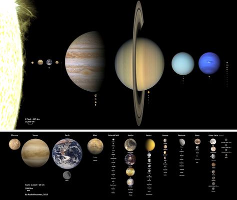 An overview of (almost) all Solar System objects, to size scale. Some of the asteroid belt objects and TNOs have estimated diameters, a few others are missing due a lack of reliable info - http://imgur.com/lujzxbH Solar System To Scale, Asteroid Belt, Astronomy Pictures, Solar System Planets, Space Images, Light Year, Our Solar System, Science And Nature, Solar System