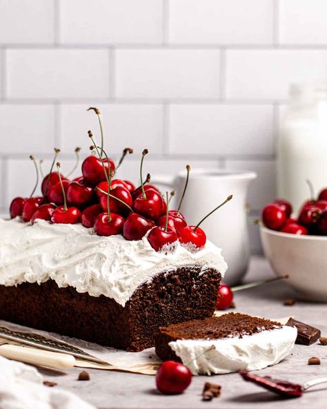 Black Forest Loaf Cake Chocolate Loaf, Cherry Jam, Cherry Liqueur, Black Forest Cake, Forest Cake, Cocktail Sticks, Classic Cake, Fresh Cherries, Ground Almonds