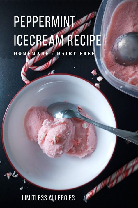 Soft serve dairy free peppermint ice cream served in a bowl No Churn Dairy Free Ice Cream, Dairy Free Peppermint Ice Cream, Chocolate Peppermint Ice Cream, Ice Cream Peppermint, Dairy Free Coffee Creamer, Allergy Free Diet, Allergy Friendly Desserts, Dairy Free Coffee, Peppermint Ice Cream