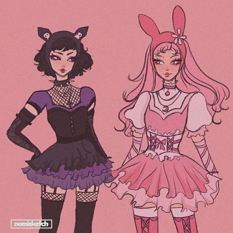 My melody and kuromi aesthetic Kuromi And My Melody Clothes, My Melody And Kuromi Outfit Aesthetic, Sanrio Outfits Kuromi, Kuromi Costume Halloween, Melody And Kuromi Outfit, Kuromi And My Melody Outfits, Kuromi And My Melody Halloween Costumes, My Melody Costume Ideas, My Melody Human Fanart