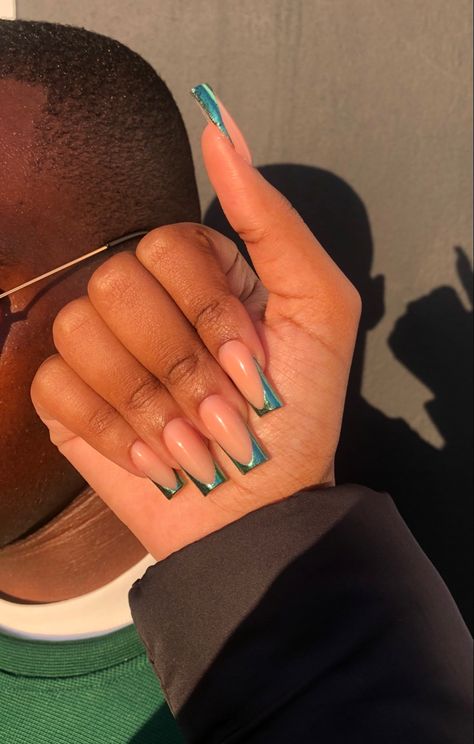 Fall nail | Green nails | french tip Chrome Green French Tip Nails, Emerald Green French Tips, Green Chrome French Tip Nails, Emerald Green French Tip Nails, Green Nails French Tip, Dark Green French Tip Nails, Dark Green French Tip, French Tip Green, Green Nails French