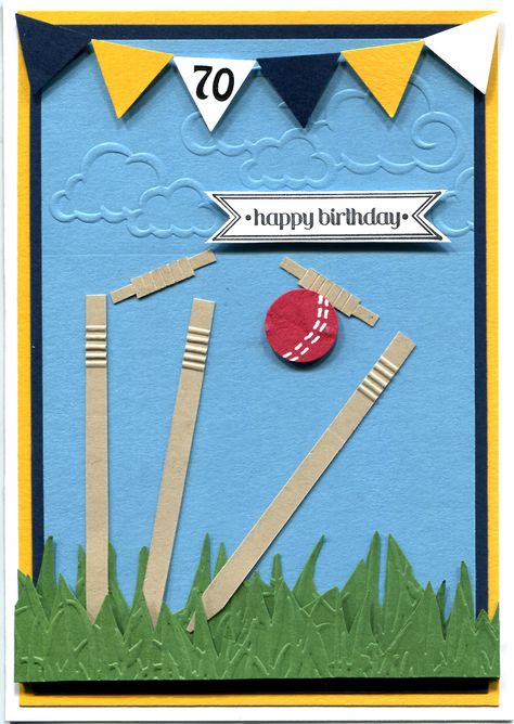 Handmade Card. Cricket themed 70th birthday card made especially for a bowler. Cricket Themed Birthday Cards, Cricket Theme Birthday Decoration, Cricket Cards Ideas, Cricket Theme Birthday Party Decoration, Cricket Birthday Cards, Cricket Cards, 21st Birthday Boy, Cricket Cake, Dad Birthday Cakes