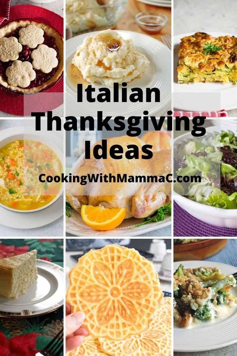 Don't miss these Italian Thanksgiving Dinner Ideas! They include a delicious mix of Italian recipes and traditional American favorites. You'll find Thanksgiving appetizers, side dishes, desserts and drinks from Cooking with Mamma C! There's turkey too! Italian Themed Thanksgiving, Thanksgiving Recipes Italian, Traditional Italian Thanksgiving Dinner, Italian Thanksgiving Side Dishes, British Thanksgiving Recipes, Thanksgiving Italian Style, Italian Thanksgiving Appetizers, Italian Thanksgiving Dinner Ideas, Italian Christmas Side Dishes