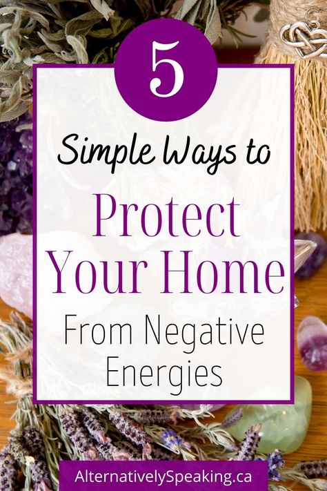 A selection of different crystals sitting on a wooden surface with a straw broom in the background and a bundle of lavender in the front. Text states '5 simple ways to protect your home from negative energies'. Getting Rid Of Negative Energy In House, How To Repel Negative Energy, Cleanse Space Of Negative Energy, Protect Home From Negative Energy, How To Clear Negative Energy Home, How To Cleanse House Of Negative Energy, Crystals To Cleanse Negative Energy, How To Get Rid Of Negative Energy In Your Home, How To Protect Home From Negative Energy