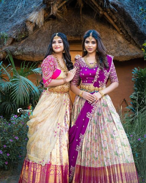 Half Sari Designs, Kanjeevaram Half Saree, South Indian Lehenga Half Saree Bridal, Langa Oni Designs, Lehengas For Bride Sister, Half Saree Designs Simple, Traditional Half Saree, Saree Ceremony, Indian Dresses For Kids