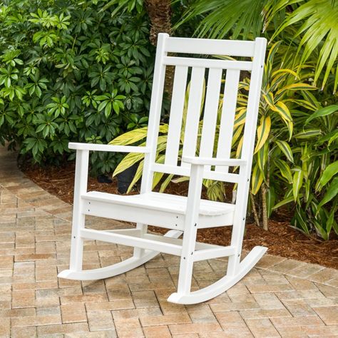 POLYWOOD Estate Rocking Chair - White. R199WH. Outdoor Rocking Chairs. Enhance the look of your front porch with a touch of tradition with the Estate Rocking Chair in a White finish. This classic all-weather rocker pairs well with any of our side tables so you can coordinate the best look for your outdoor space. Your front porch, patio, or veranda will look stylish and stately with this new, attractive addition. Porch Rocking Chair, White Rocking Chairs, Teak Rocking Chair, Rocking Chair Porch, Feature Chair, Patio Rocking Chairs, Milk Jugs, Rocker Chairs, Traditional Garden