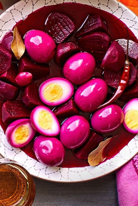 Add spicy chiles and a simple seasoning mix to traditional pickled eggs and beets for an extra flavor kick. #pickledeggs #spicypickledeggs #bhg Pickled Eggs And Beets, Pickled Beets And Eggs, Spicy Pickled Eggs, Steam Veggies, Pickled Eggs, Loaded Potato, Red Beets, Pickled Beets, Hard Boiled Eggs