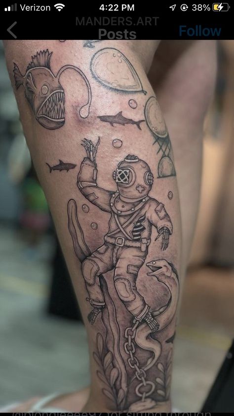 Bottom Of The Ocean Tattoo, Underwater Scene Tattoo, Aquatic Leg Sleeve Tattoo, Ocean Leg Tattoo, Deep Sea Tattoo, Under Water Tattoo, Under The Sea Tattoo Ideas, Under The Sea Tattoo, Sea Tattoos